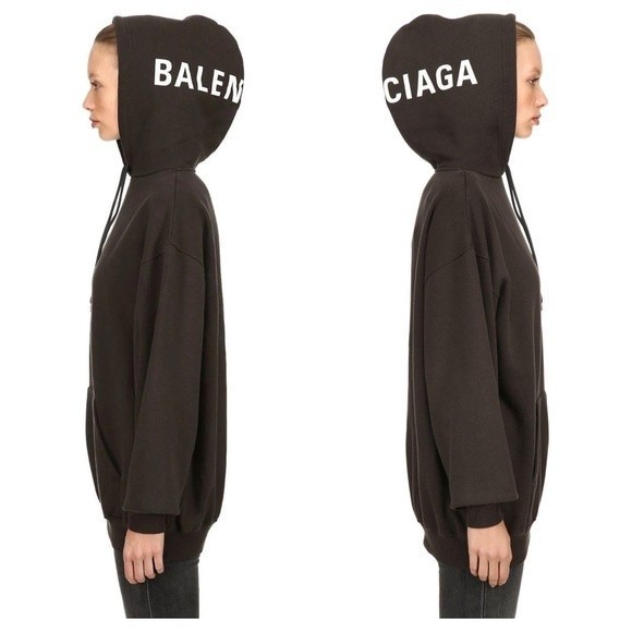 Balenciaga Logo On Hood Oversized Hoodie Black